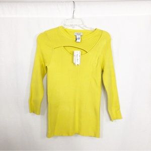NEW Carmen by Carmen Marc Valvo Peep Hole Ribbed Top, Size Large, Yellow